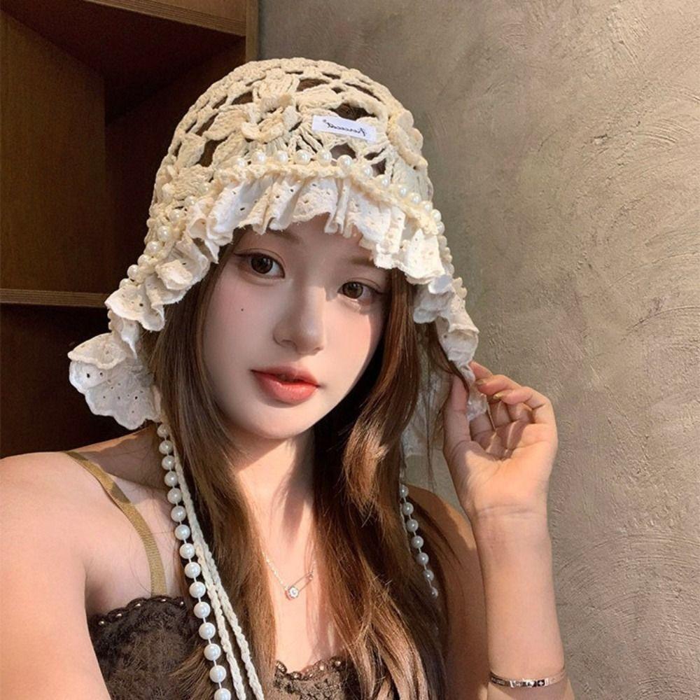 Pearl Tassels Crochet Flower Knitted Hat Bohemian Style Weave Cap Cute Lace Beanies  Outdoor