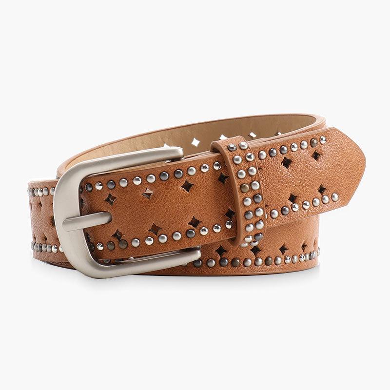 Belt for Women, Versatile Jeans Punched Decorative Belt Punk Double Row Rivet Niche Design Belt for Women