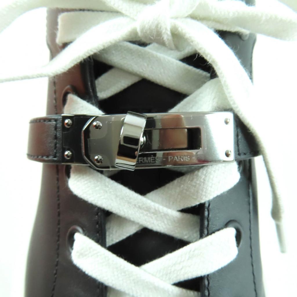 Ausgezeichnete HERMES Sneaker Day Kelly Schnalle Schnürschuhe schwarzes Leder Damen 35 Gebraucht