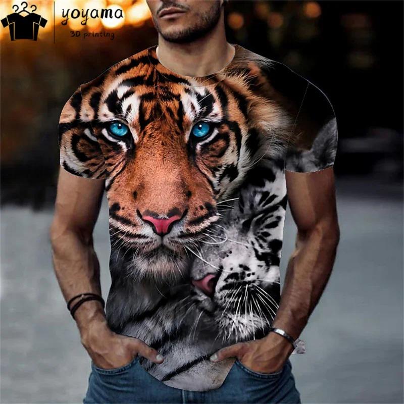 Męski T-shirt z krótkim rękawem z okrągłym dekoltem i nadrukiem cyfrowym 3D tygrysa - Modny Oddychający Wygodny Top na Lato Oversize