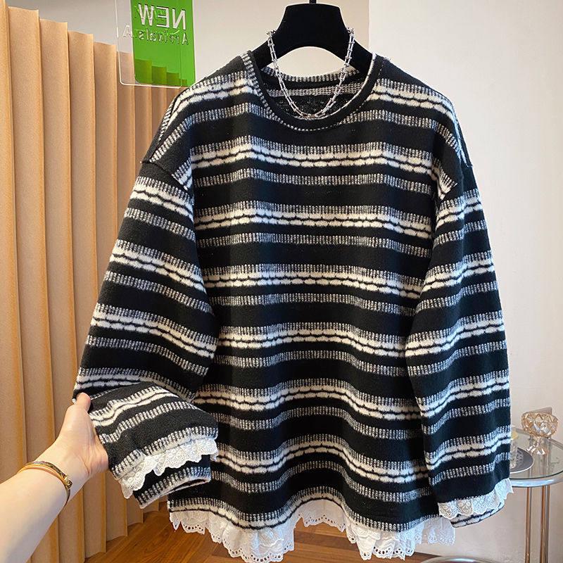2026 Spring/Autumn Casual Striped Knitwear with Lace Patchwork 4XL
