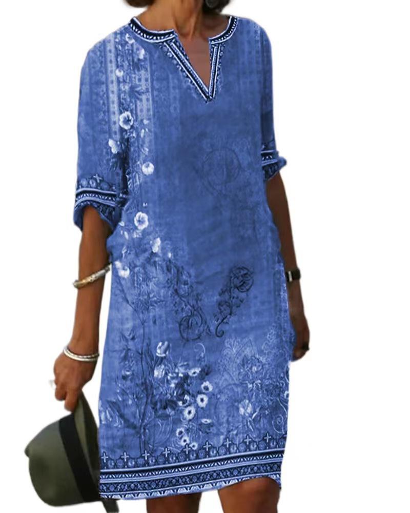 Women's Spring and Summer Famous Style Printed Casual V-Neck Dress