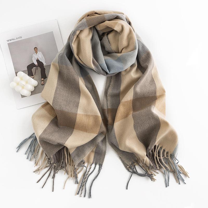 British Style Plaid Scarf Women's Winter Atmosphere Imitation Cashmere Fringed Shawl Warm Fashion Trend