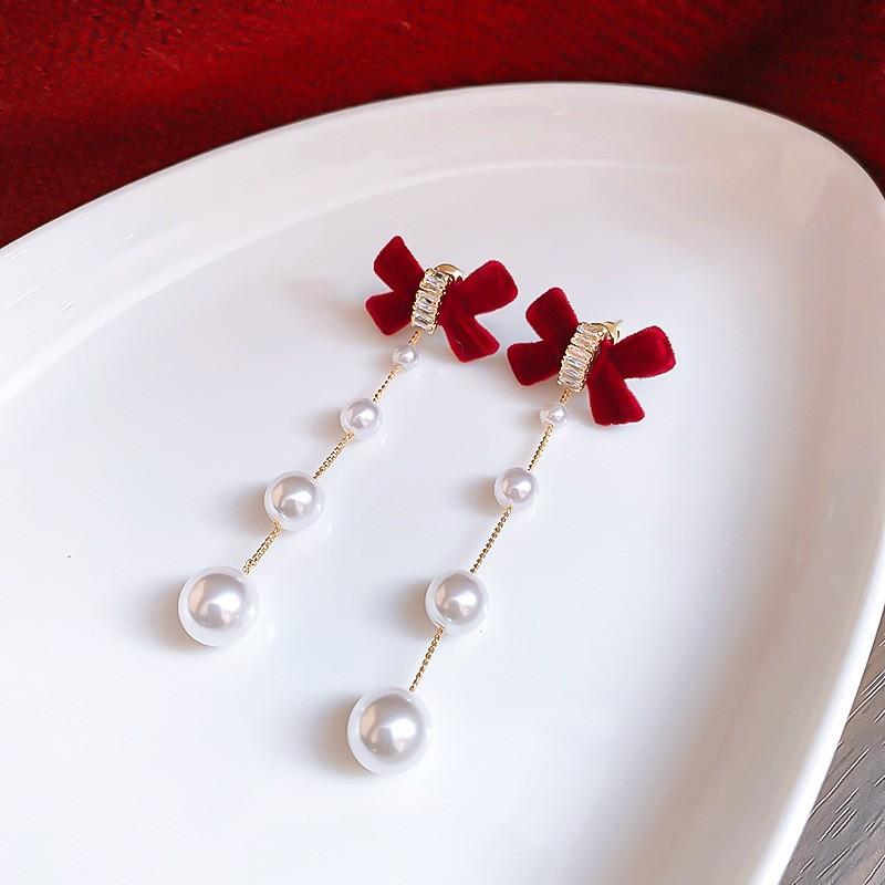 New Year's red flower flocking stud earrings women's niche earrings versatile earrings autumn and winter