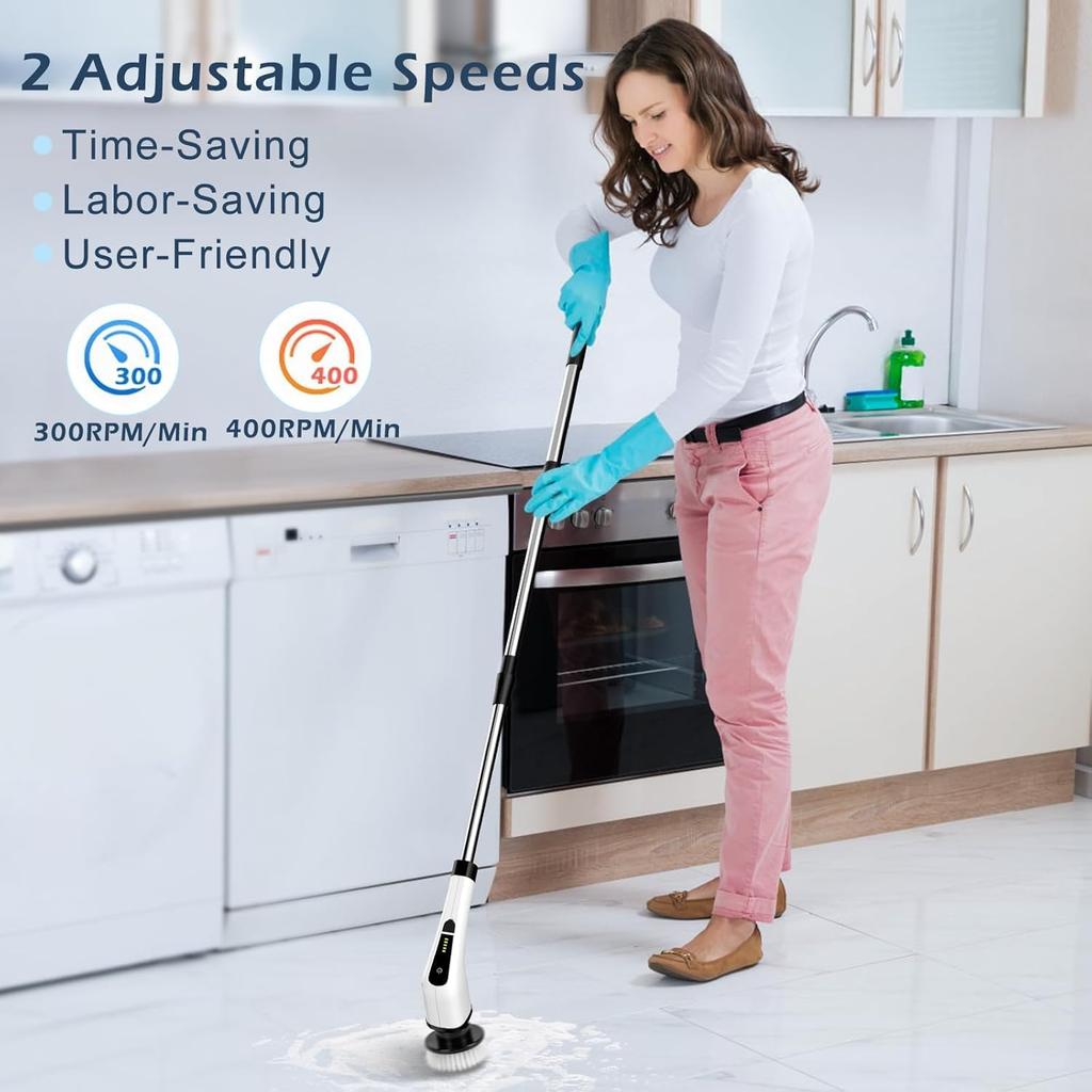 Cordless Cleaning Brush Scrubber for Home, 8 Replaceable Brush Heads, 3 Adjustable Size, 2 Speeds for Ba