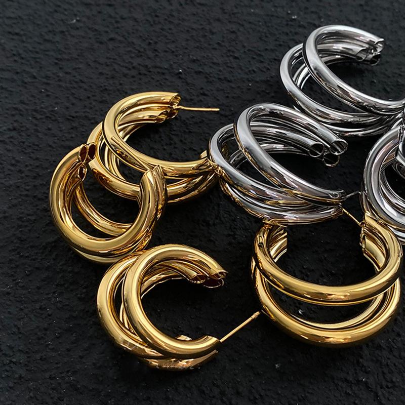 Chunky Earrings C-Type Triple Circle Hoops Earrings for Women Gold Color Alloy Three Circles Hoop Earrings Fashion Zircon Gift