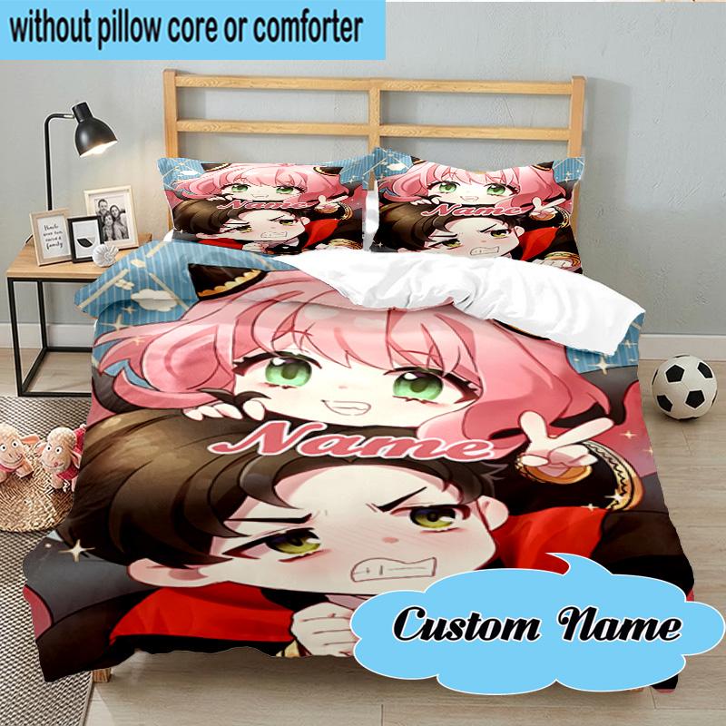 Custom Name 3PCS Pink Hair Anime Anya Bedding Set, Including 1pc Duvet Cover And 2pcs Pillowcases, Suitable for dorms and bedrooms Gift