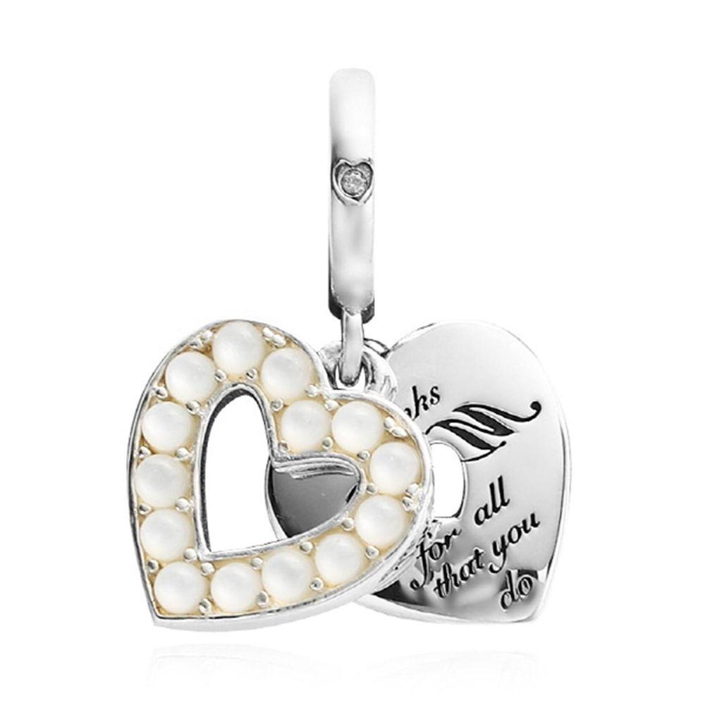 

[PANDORA PANDORA] 792649C01 Pearlescent White Heart Double Pendant and Dangle Silver Charm 792649C01