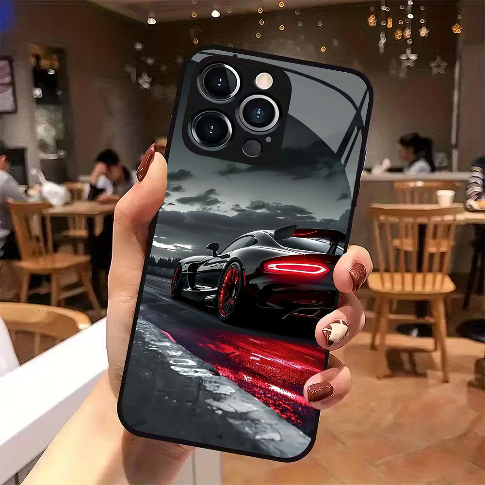 Retro black sports car glass phone case suitable for iPhone 17 16 15 14 13 12 11Pro/Max/Plus anti drop and shockproof back cover