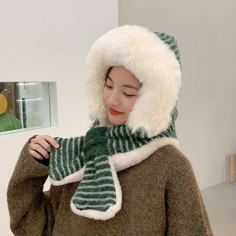 Autumn Winter Women's Versatile Cute Northeast Plush Lei Feng Hat with Integrated Scarf Ear Protection Warm Trendy Lei Feng Cap