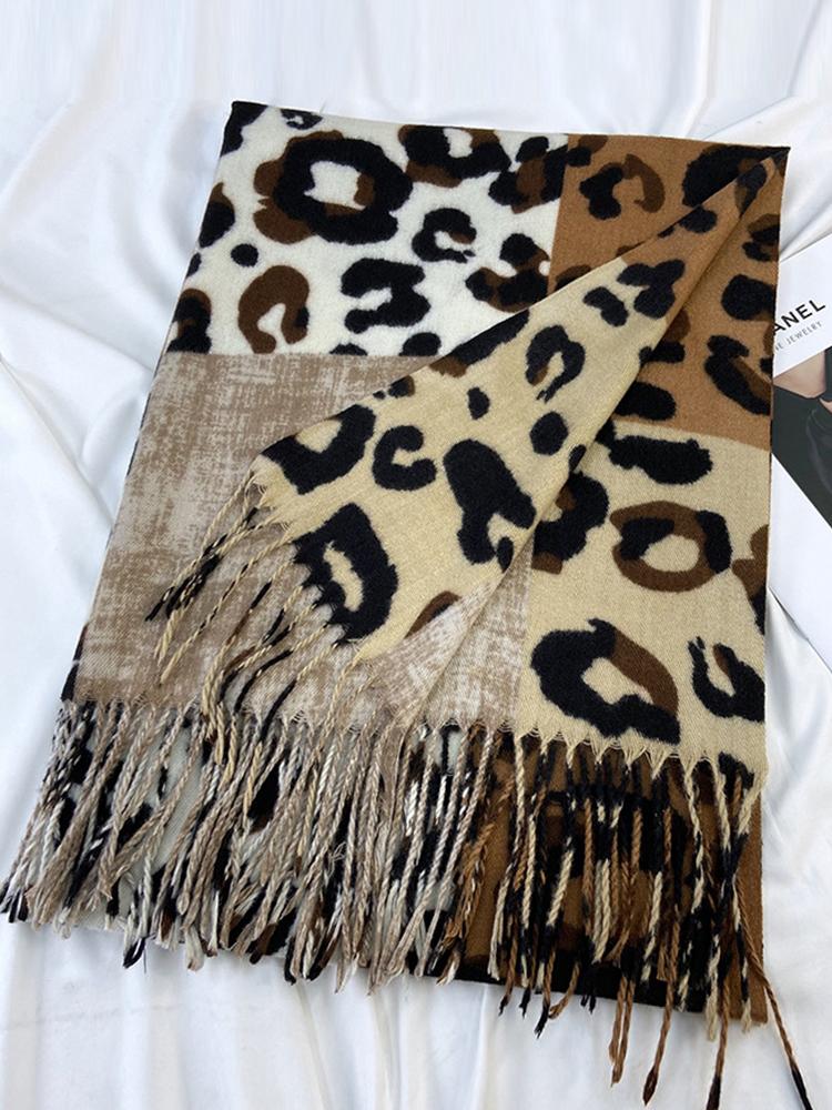 Women Winter Retro Knitted Scarf Ladies Leopard Plaid Print Tassel Scarve Mujer Foulard Wrap Shawl Unisex New Imitation Cashmere