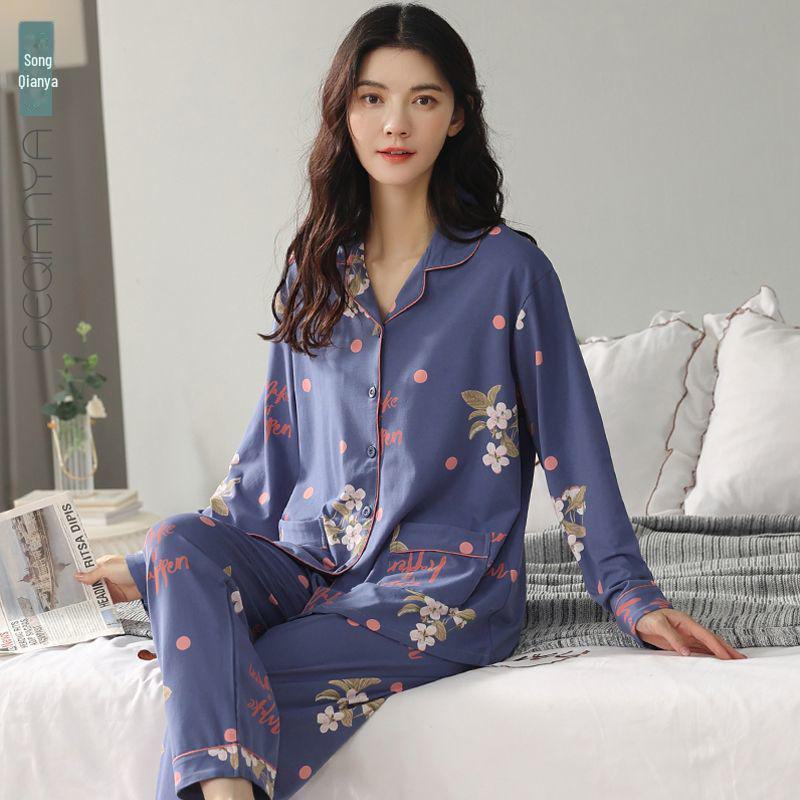 

Женская пижама с длинными рукавами из 100% хлопка на весну и осень: Домашняя одежда свободного кроя для женщин среднего возраста 2XL