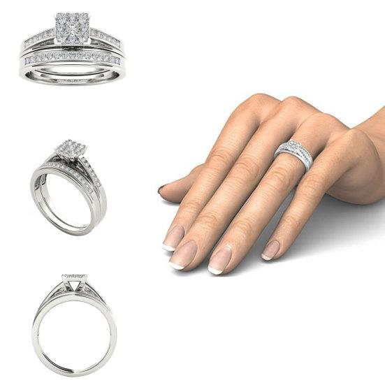 Luxury Square Zircon Double Layer Engagement Bride Ring Wedding Finger Jewelry