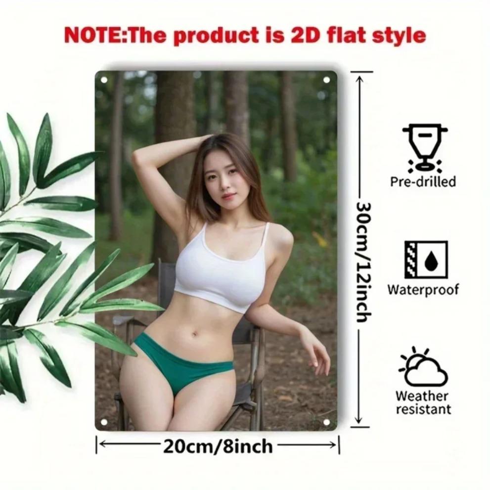 Hisun Tin Sign HD Metal Tin Sign Stunning Asian Beauty In White Crop Top Green Bikini Bottom Forest Vintage Wall Art D Flat Retro Iron Paint