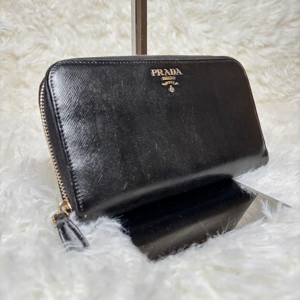 Used Luxury PRADA Long Wallet, Black, Leather, Accessories Included