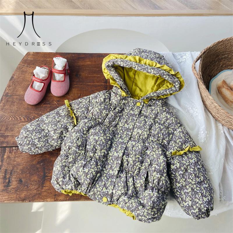 Neue Winter-Daunenjacke für Kinder, koreanisches Blumenmädchen, niedlicher westlicher Stil, kältebeständige warme Jacke für Babys