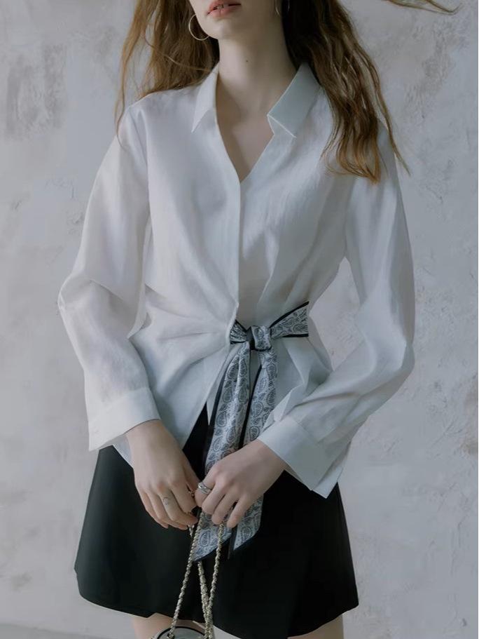 2026 Spring French Design Women's Long Sleeve Tie-Up Commuter Shirt - High-End White Top