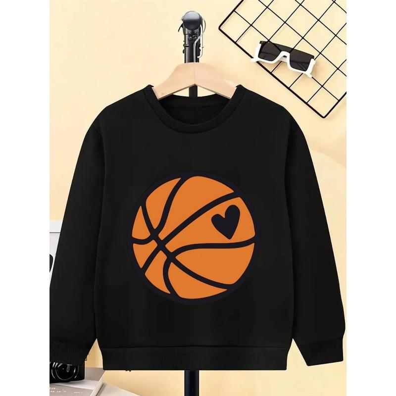 European sizes Kids' Crewneck Sweatshirt - Basketball with Heart Design , Sportswear And Casual Wear, Soft And Comfortable, Children's Clothing