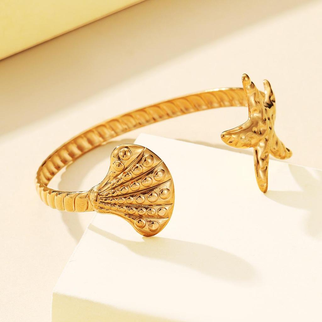 18K Gold Starfish Shell Beach Resort Stainless Steel Open Bracelet