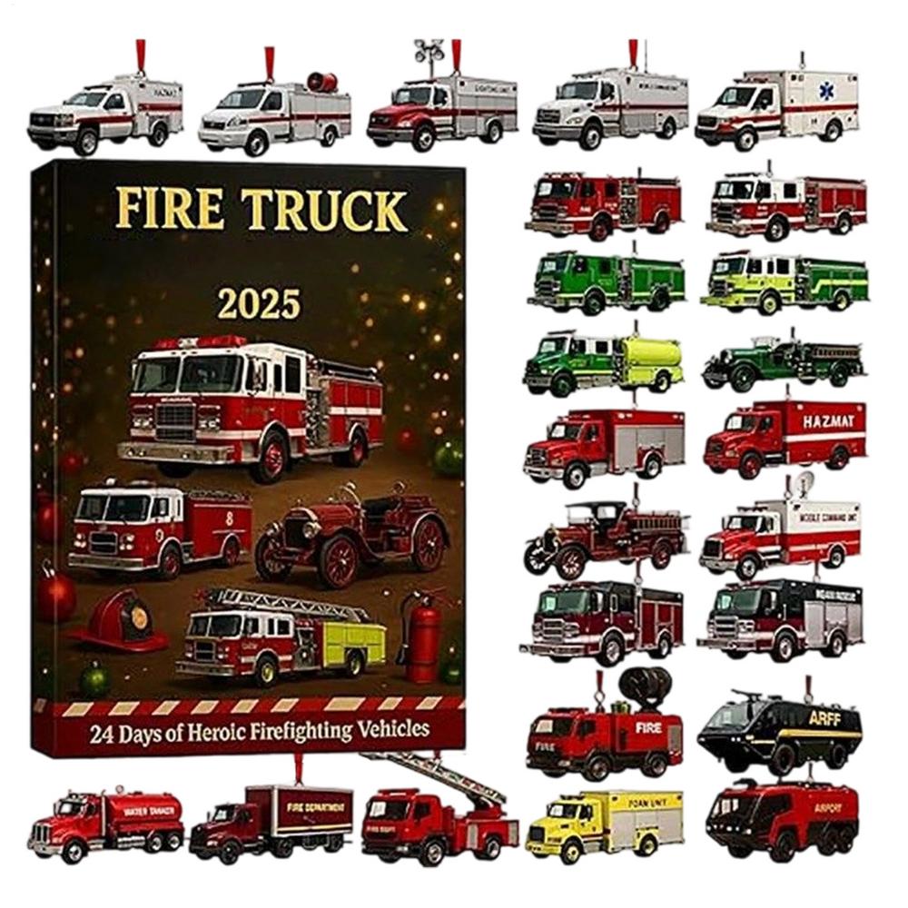

2D Flat Acrylic Fire Truck Advent Ornament 24Days Xmas Firefighting Vehicle Ornaments Countdown Calendar Party Favors Fire Truck 26x18cm