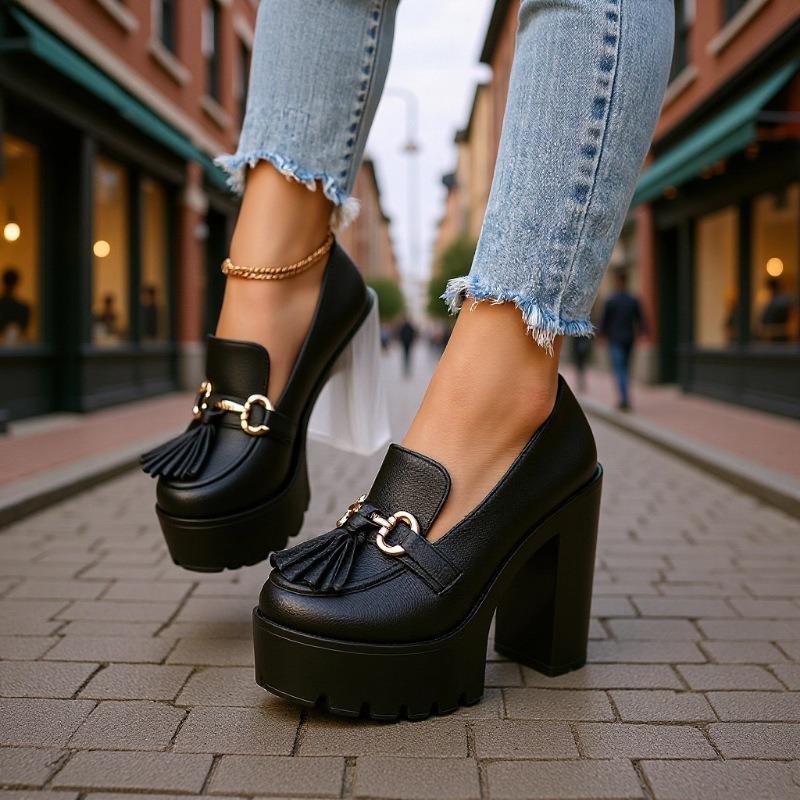 Women's Chunky Heel High Heel Shoes with Tassel Decoration - 2025 Autumn Collection in Plus Sizes