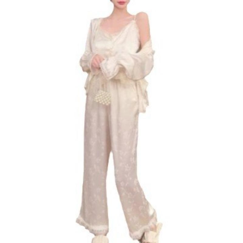 New Ice Silk Pajamas for Women with Chest Pads, National Style Jacquard Suspenders, Three-piece Set of Pure Desire Silk Loungewear