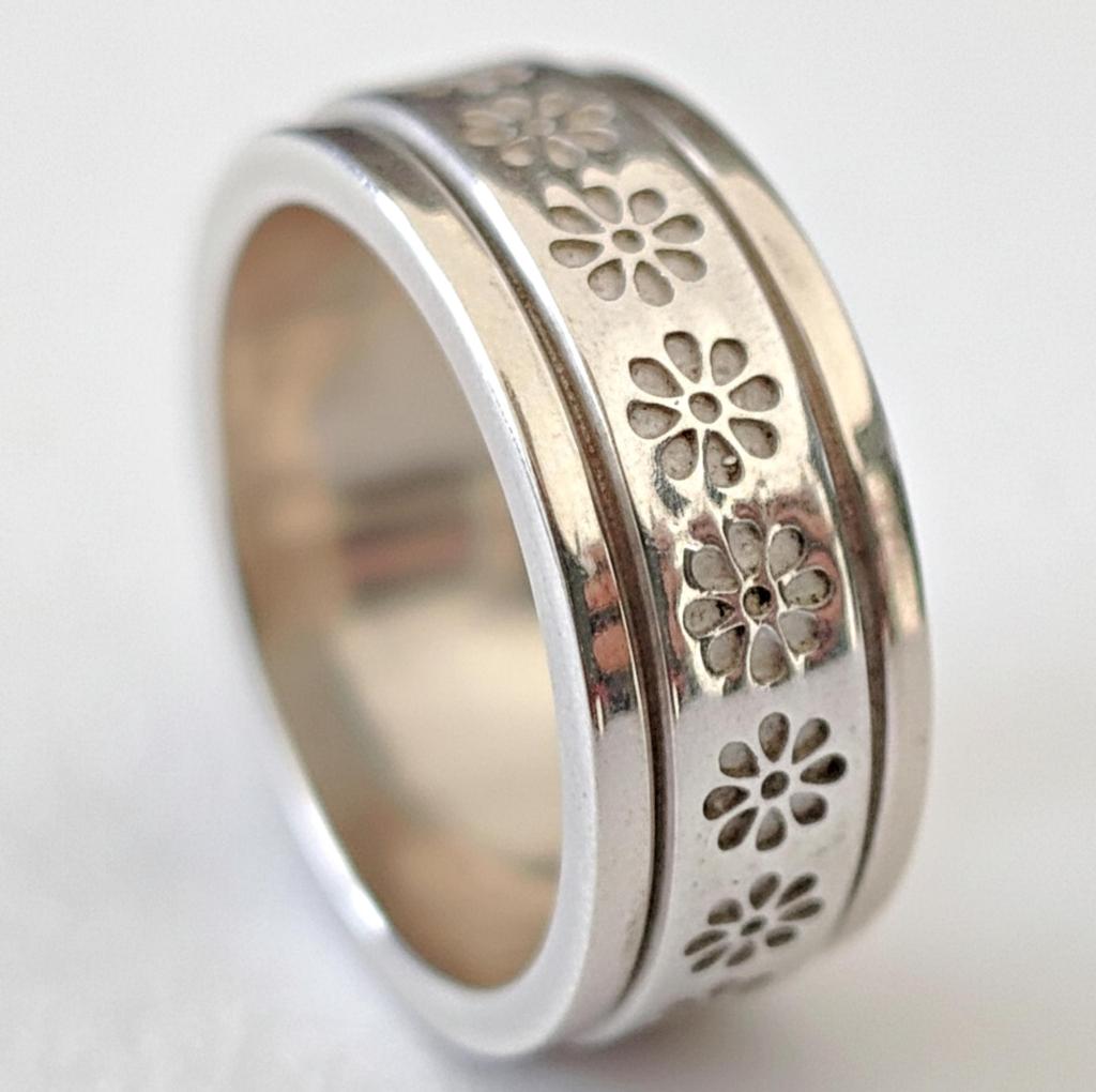 Pierścionek Spinner z kwiatem, Pierścionek obrotowy projektanta, Pierścionek do medytacji, Srebro próby 925, Pierścionek dla kobiet, Prezent dla niej