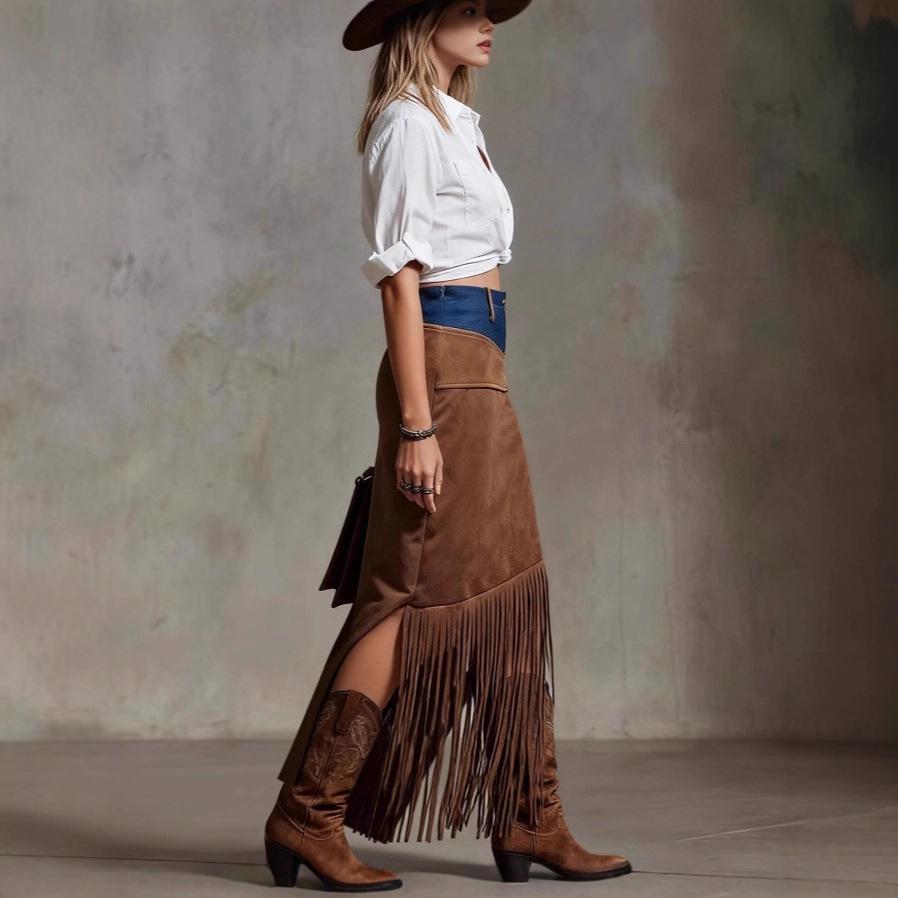 New Fringed Spliced Denim Hem Irregular Suede Skirt