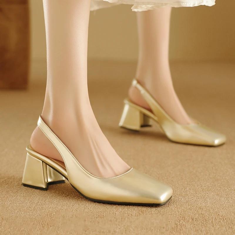 Middelhoge Hakken Pumps Schoen Vrouw Elegante Sandalen Zwart Nude Groen Roze Vierkante Neus Slingback Feest Kantoor Bruiloft Schoenen Vrouwelijk