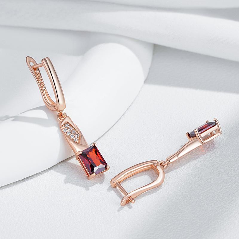 Shiny Square Red Natural Zircon Dangle Earrings For Women  Rose Gold Color High Quality Daily Fine Vintage Jewelry