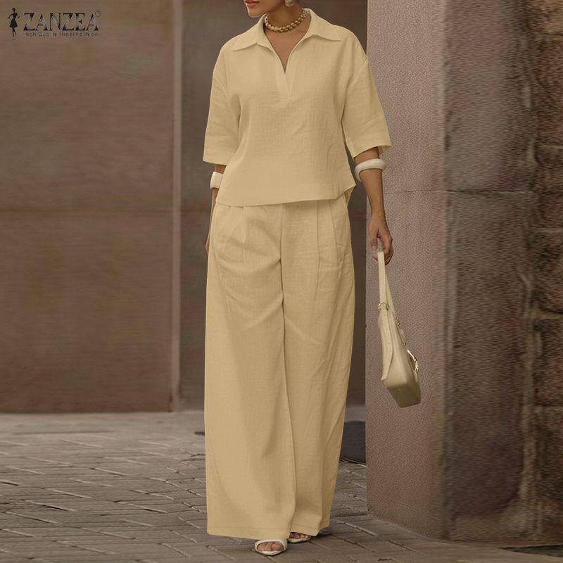 ZANZEA Women Short Sleeve Blouse and Pants Casual Two Piece Suit Sets