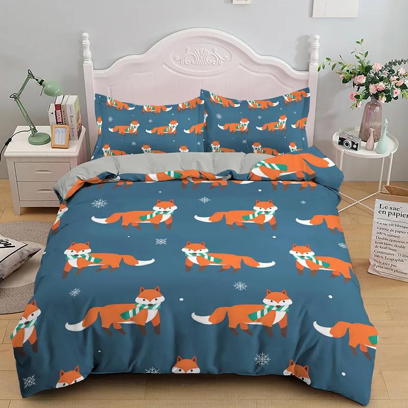 Cartoon Fox King Queen Duvet Cover Lovely Orange Animal Floral Bedding Set Kids Girls Flowers Plant 2/3pcs Polyester Quilt Cover