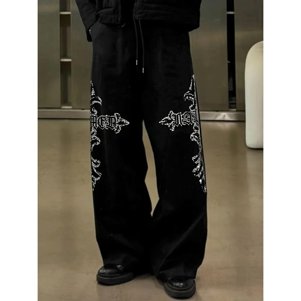 

Trendy Black Loose Fit Sweatpants for Men, Wide Leg with White Abstract Flame Prints, Drawstring, Casual Street Style S