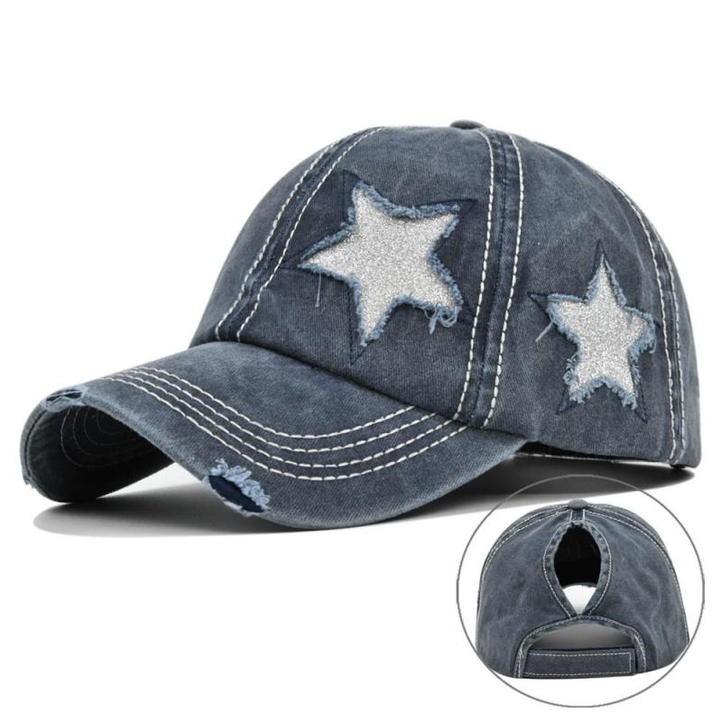 

Women Ponytail Baseball Cap Washed Cotton Sun Hat Female Pentagram Sequins Hip Hop Snapback Hats Adjustable Sport Golf Hat Gorra 54-61CM темно-синий