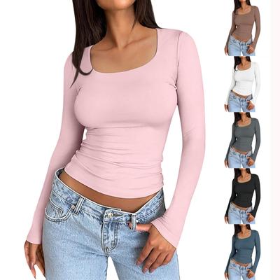 Women's Casual Solid Color Square Neck Slim Fit Sexy Long Sleeve T-Shirt Top