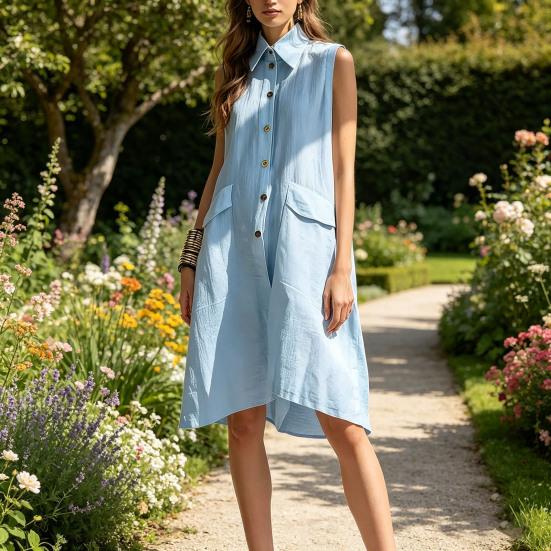 Damen Sommer Hemdblusenkleid Knopfleiste Ärmellos Revers Midi Tankkleid Lässige Tunika Strand Sommerkleid mit Taschen