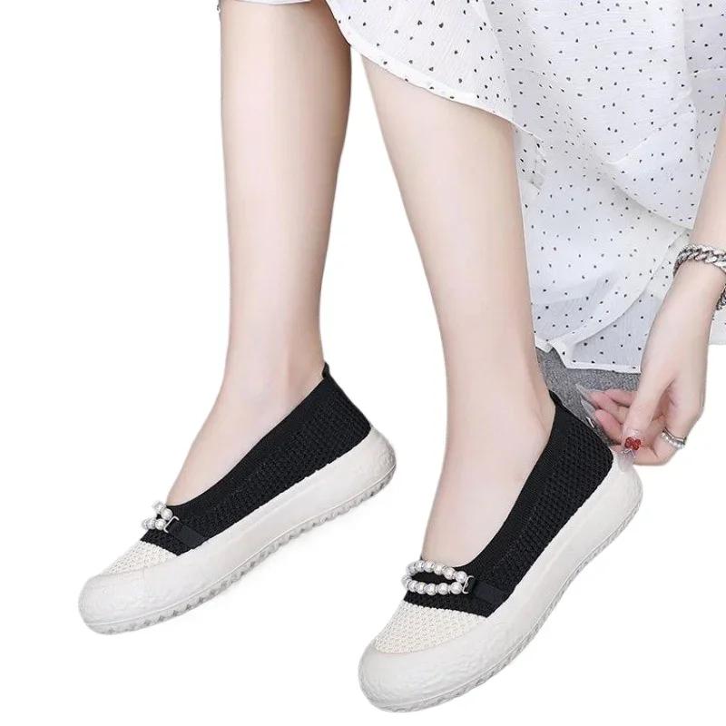 Mode 2024 Mode Damen Schuhe Ein Tritt Damen Ballerinas Herbst Runde Zehe Perlen Atmungsaktives Mesh Mischfarben Outdoor Freizeitschuhe