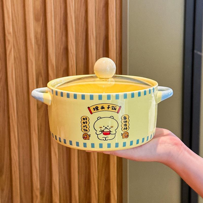Cute Cartoon Instant Noodle Bowl with Lid, Large-capacity Ceramic Noodle Bowl for Dormitory Students, Binaural Snail Powder Bowl for Personal Use