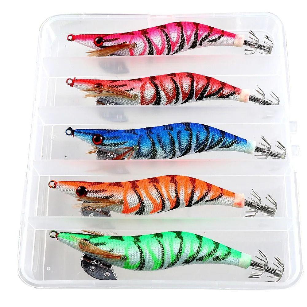 5Pcs 3D Eyes Artificial Fishing Lures Glow In The Dark Wooden Shrimp Bait Saltwater Fishing