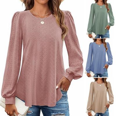 Women's Round Neck Small Hole Eye Bubble Sleeve Long Sleeved Top T-shirt Blouses & Shirts