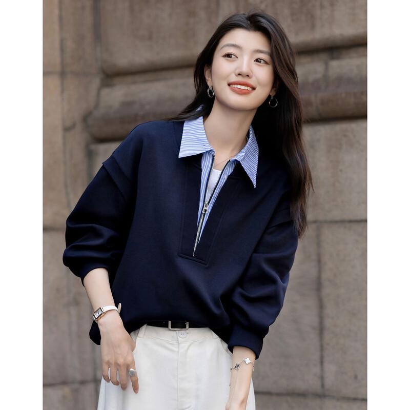 Demana Women's Fall Faux Two-Piece Striped Polo Sweatshirt