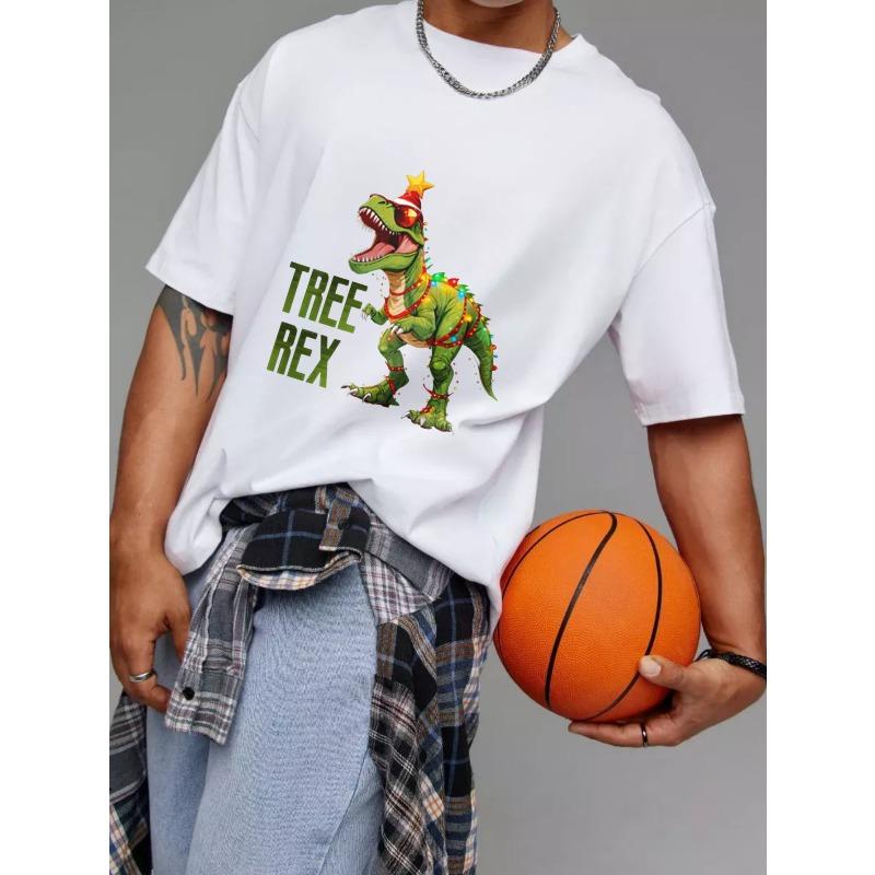 Rundhals T-Shirt Weiß Baum Rex Dinosaurier Weihnachtsdesign Feiertagsparty Freizeitkleidung