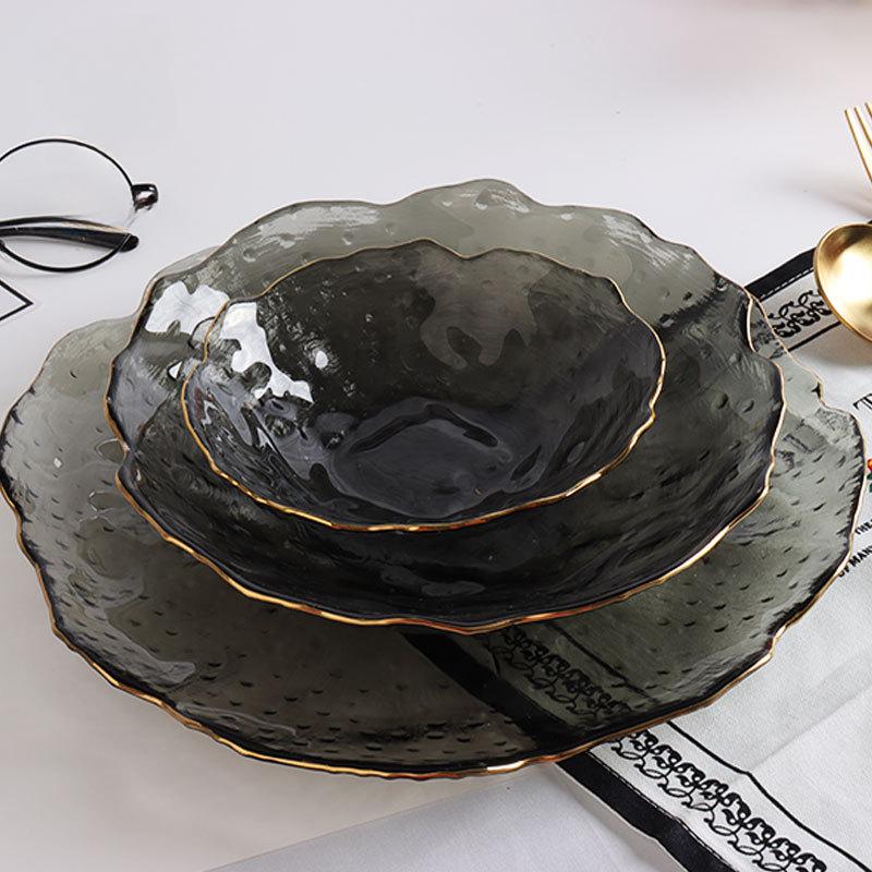

Прозрачная стеклянная обеденная тарелка в скандинавском стиле, декорированная кухонная тарелка для фруктового салата, десерта, завтрака, миска, набор столовых приборов для ужина