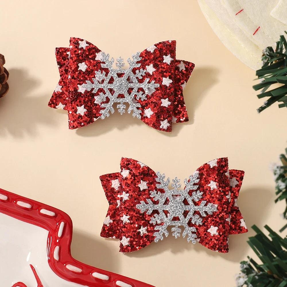 2pcs Glitter Christmas Kids Bows Hairpin for Girls Antlers Printed Fabric Ponytail Clips Christmas Holiday Prom Hair Accessories