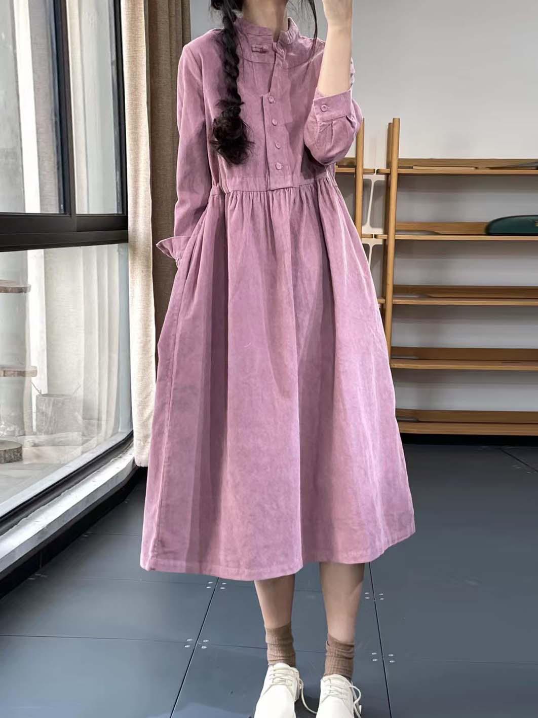 

2024 Spring Retro Chinese Frog Button Stand Collar Loose Corduroy Dress L розовый