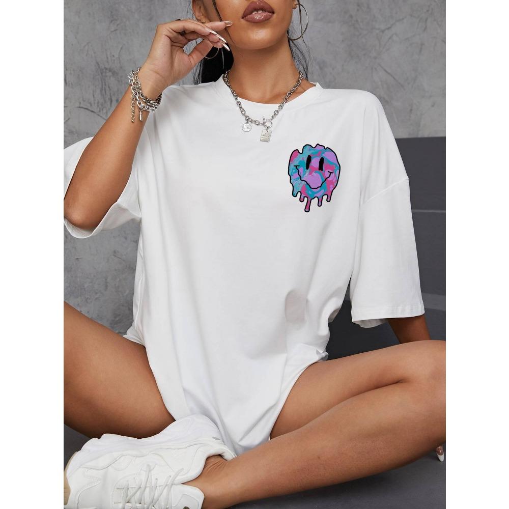 Lustiges Smiley-Gesicht Aufdruck Damen T-Shirt Street Casual T-Shirt Mode Weiche Kleidung Hip Hop Atmungsaktive T-Shirts Damen