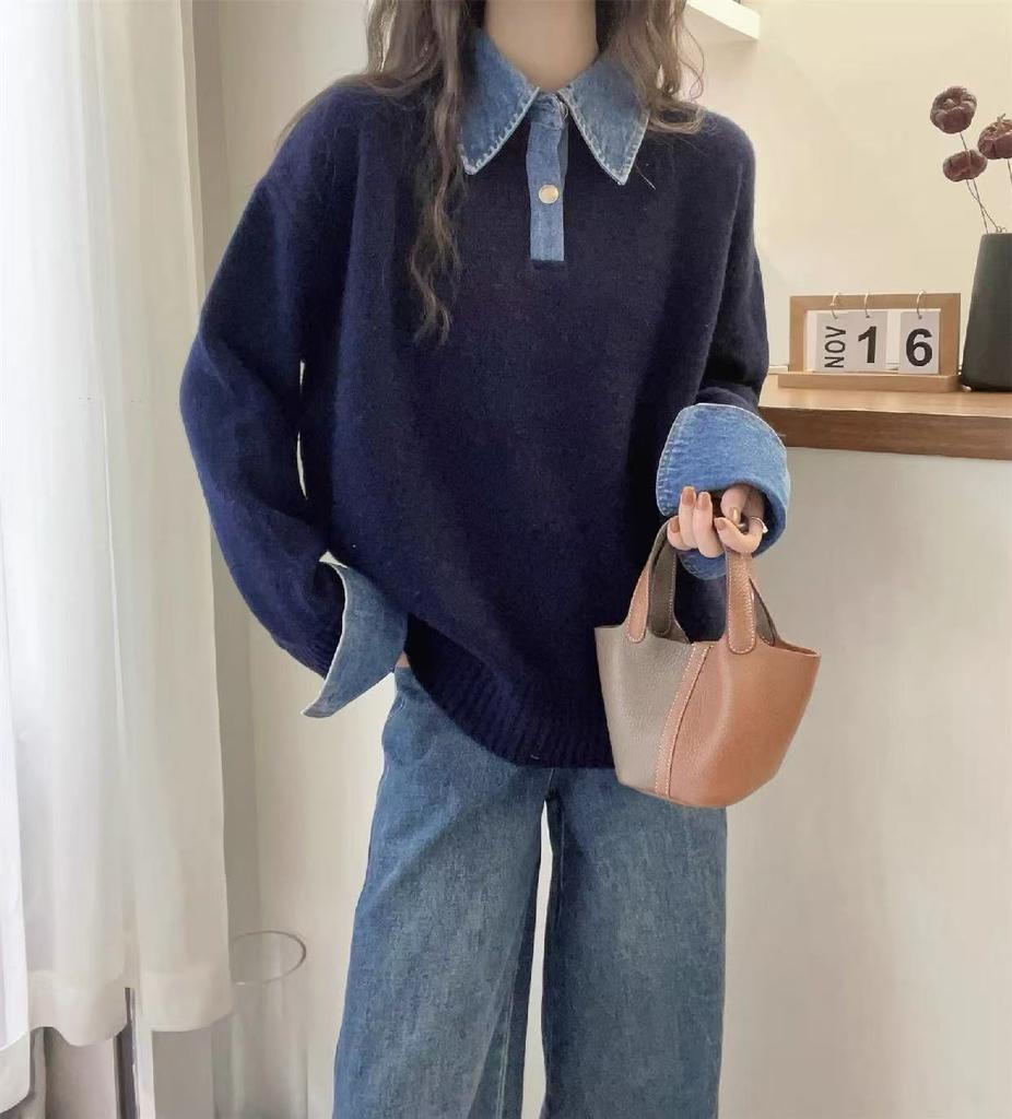 Cross-border Hot-selling Denim Sleeves Splicing Fake Two-piece Sweater Women's Autumn and Winter Women's Loose POLO Neck Knitted Sweater Women's