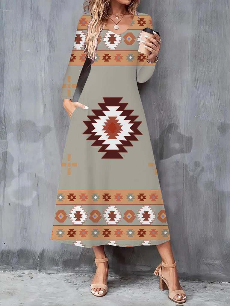 2025 Autumn and Winter New Women Casual Fashion Dress 3D Geometric Pattern Print Long Sleeve V-Neck A-Line Dresses