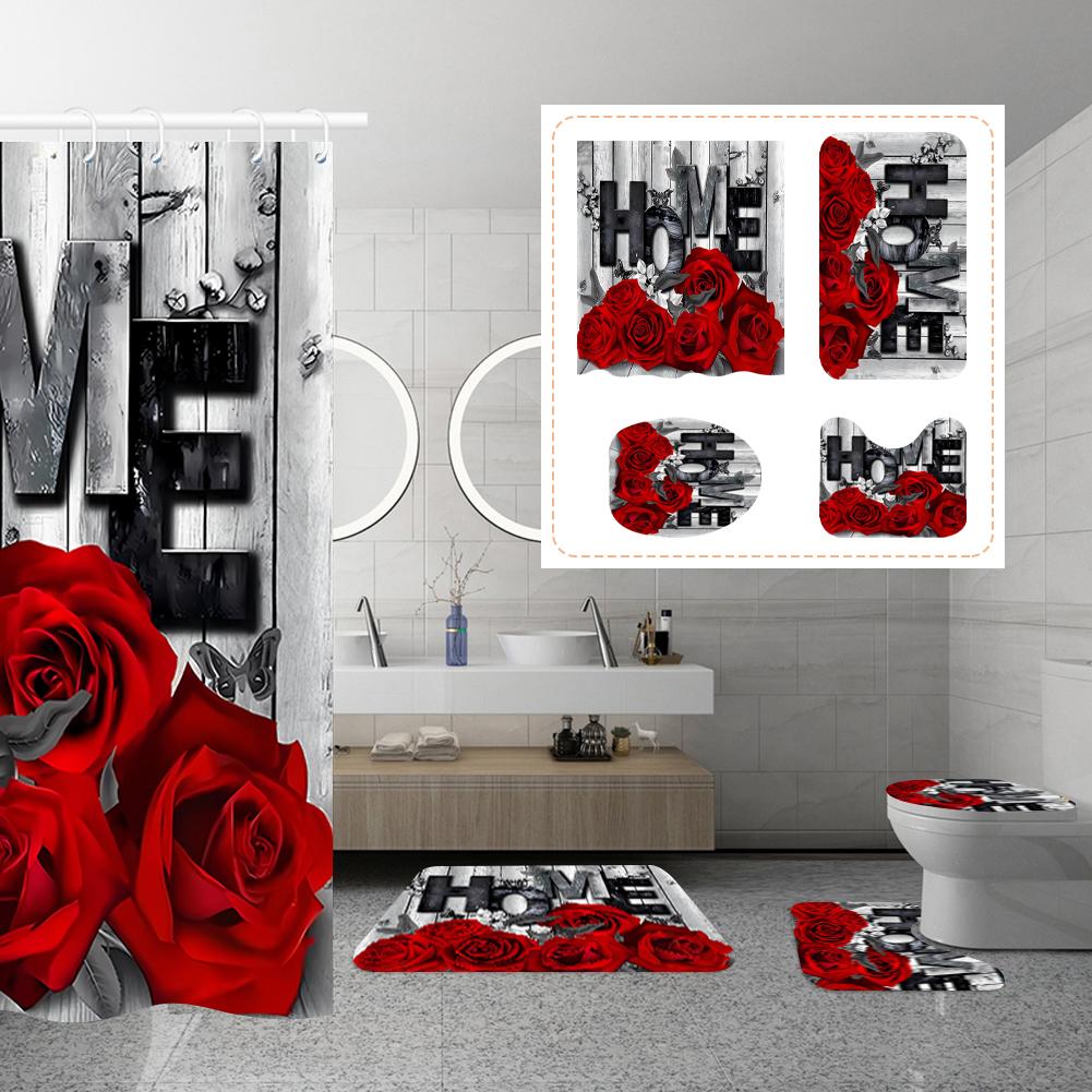 4Pcs Waterproof Shower Curtain Set Bathroom Curtain with Entrance Doormat Toilet Seat Cover Rug Anti-Slip Floor Mat Bath Decor
