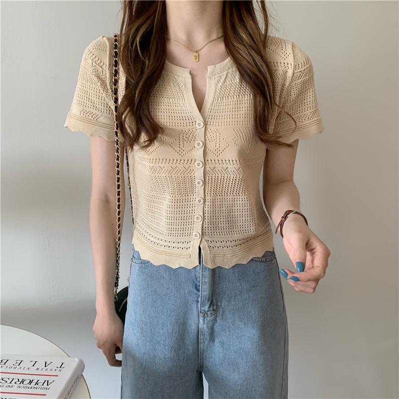 Fashion Hollow Out Thin Knit Short-sleeved Cardigan Tops Summer Casual Summer Essential Comfort and Style Slim Fit Pullovers Tees